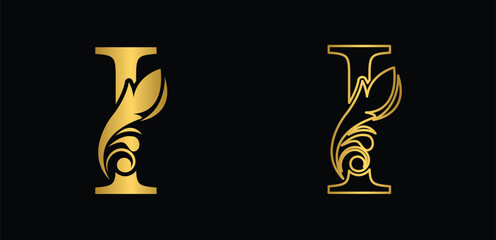 letter I golden. flower letters. Vintage ornament initial Alphabet. Logo vector	