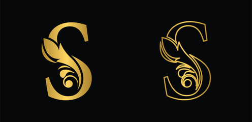 letter S golden. flower letters. Vintage ornament initial Alphabet. Logo vector	