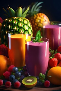 Fruit smoothie in a glass with fruits and berries on the background.