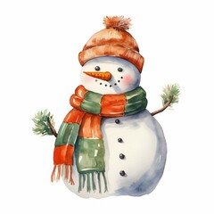 Watercolor a snowman with a carrot nose and scarf, white background. AI generate