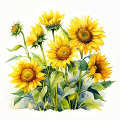 Watercolor a sunflower field with bright yellow flowers, white background. AI generate