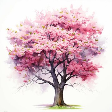 Watercolor a tree in full bloom with pink and white blossoms, white background. AI generate