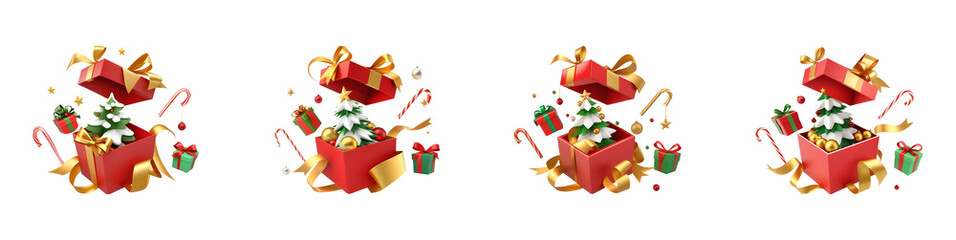 Opened gift box with Christmas tree and decorations, Christmas theme elements 3d illustration. Generative ai