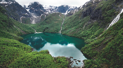 Bondhusvatnet Glacier and glacial lake in the Norwegian mountains of Folgefonna. Photo taken by drone.