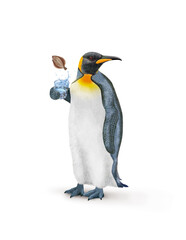 un manchot empereur avec une écharpe qui tien un verre de poisson   carrelet   qui s'échappe 