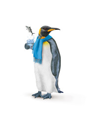 un manchot empereur avec une écharpe qui tien un verre de poisson   bonite à dos rayé  qui s'échappe 