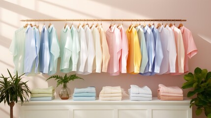 Present a blend of soft, pastel-colored spring shirts arranged in an artful display.