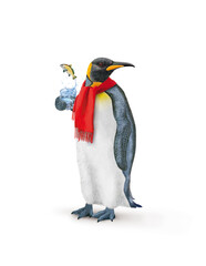 un manchot empereur avec une écharpe qui tien un verre de poisson    corbeau de mer   qui s'échappe 