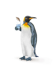 un manchot empereur avec une écharpe qui tien un verre de poisson   crénilable mélops  qui s'échappe 