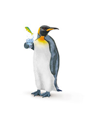 un manchot empereur avec une écharpe qui tien un verre de poisson   coryphène dauphin  qui s'échappe 