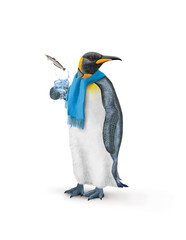 un manchot empereur avec une écharpe qui tien un verre de poisson   lingue qui s'échappe 