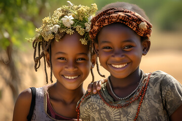 Happy African children smiling on the background of nature, the problem of poverty in Africa 3 - obrazy, fototapety, plakaty