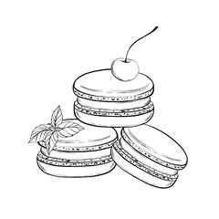 Macaroons with mint and cherry. Vector illustration. Grapgic style. hand drawn in a simple minimalist style. Can be used for kitchen, notes, cookbook, textile. Will look good on your product print.