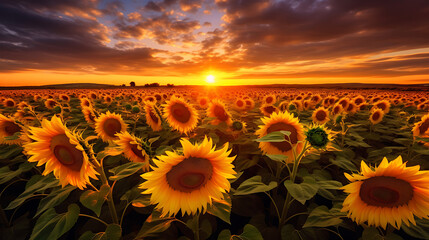 The golden radiance of sunflowers in the tranquil glow of sunset. Generative Ai