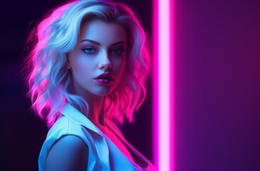 Naklejka premium Portrait of beautiful young woman with curly blonde hair in neon lighting with copy space. Beauty model in nightclub ultraviolet rays