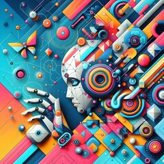 Colorful robot holding sphere background