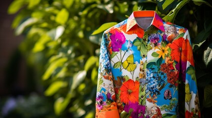 Show me a vibrant spring shirt with colorful floral patterns in a garden setting.