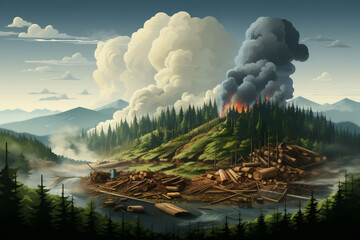 Drawing of an active volcano, covered in trees, fir, and wood materials on a river bank, river, deforestation. White and gray smoke coming out.
