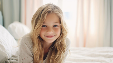 Naklejka premium Cute 9 years old blond girl sitting on her bed and smiling in morning, cozy bedroom, closeup portrait