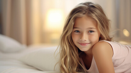 Cute 9 years old blond girl sitting on her bed and smiling in morning, cozy bedroom, closeup portrait