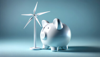Piggy bank standing with windmill isolated on blue background. Savings for green energy