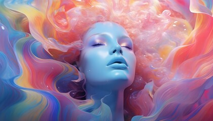 Abstract colorful smokey waves, digital render with a lady's face organic wallpaper background 