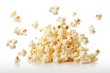 Freshly made crispy popcorn fall in pile on white background. Creative concept of floating healthy snacks. Background of falling popcorn. Levitation of snacks. Close-up. Copy space. - obrazy, fototapety, plakaty