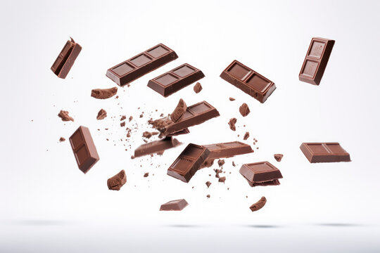 Chocolate bars fall in pile on white background. Creative concept of floating healthy tasty snacks. Background of falling chocolate. Levitation of chocolate bars. Close-up. Copy space.
