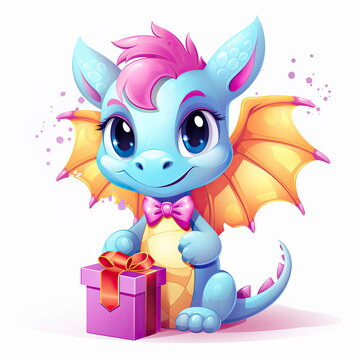 Cute little smiling dragon with gift box on white background. Concept of Christmas and New Year holidays. Cartoon style. Copy space.