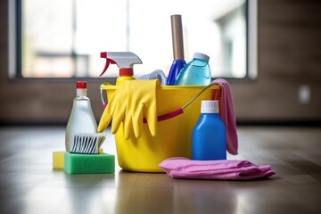 Cleaning Tools And Bucket On Floor, Ready For Use Highquality Photo