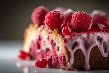 Raspberry Sponge Cake, Fruit Pastry, Red Berries Dessert, Raspberries Cake Abstract Generative