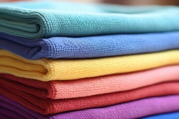 Colorful Microfiber Cloths Stacked On Table Highquality Photo