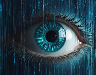 An eye with a rain of binary code in an electric blue color. A concept illustration representing surveillance, cyber espionage, tracking, digital data, cyber security,