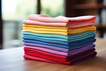 Colorful Microfiber Cloths Stacked On Table Highquality Photo