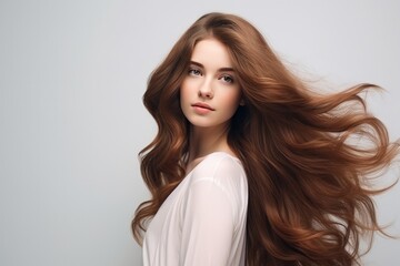 Fototapeta premium Elegant Woman With Long, Flowing Locks And Charming Aura On The Background Of White Wall