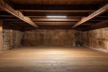 Empty Wooden Space In The Basement Potential For Storage Or Creativity. Сoncept Basement Storage, Creative Workspace, Transforming Empty Space