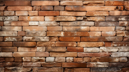 Empty bricks wall background. Old brick wall with moss, stains, grunge texture. Generative AI