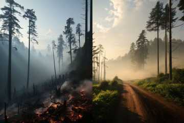 A collage of two pictures. A dark, clearing site, burning forest with smoke and tall pine trees, mysterious. A mountain trail through a green mountain terrain.