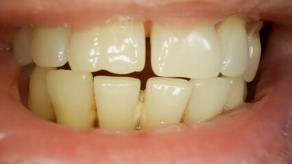 Teeth with tartar and caries, crooked lower foreground incisors, close-up