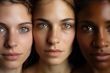 Close-up of three women of varying ethnicities with a focus on their eyes - obrazy, fototapety, plakaty