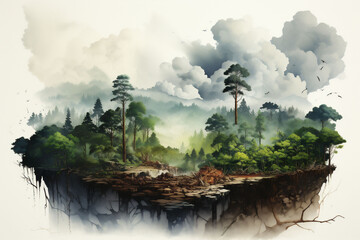 An abstract drawing of a floating chunk of land with a forest and deforested areas. White and gray clouds over the island. White background - obrazy, fototapety, plakaty