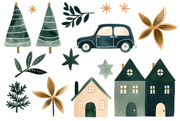 Cute Holiday Homes and Vehicles, Snowy Winter