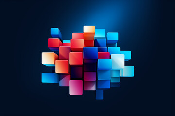 Blue and red 3D cube structure on a dark backdrop with reflections