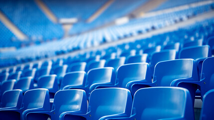 Obraz premium Portrait of empty seats in the tribune. Blue seats of tribune on sport stadium. Chairs for audience, fans, supporter. Generative AI