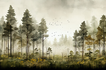 Image of Abstract watercolor forest scene with birds printed on Printed Glass Splashbacks