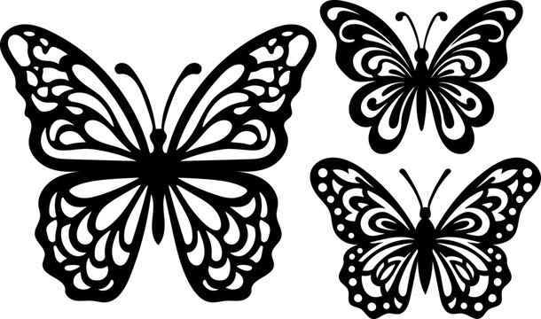 Butterfly simple vector illustration, set of butterflies black silhouette, SVG design