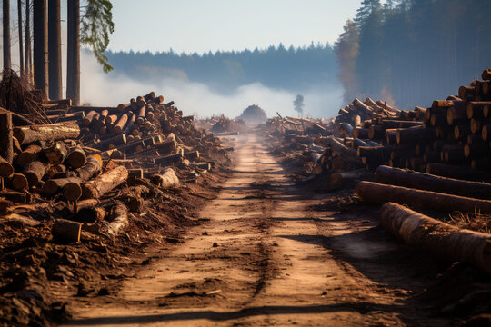 A deforested area with a dirt path. Copped down logs laying on the ground around it, fog, smoke and forest in the background. Copy space.