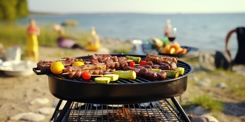 Small Grill, Barbecue, Bbq with Smoke, Mini Barbecue with Grilled Meat and Vegetables - obrazy, fototapety, plakaty