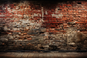 Aged brick wall with peeling plaster and warm lighting