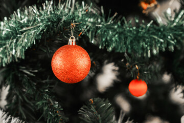Close up Object Decorated on Christmas tree on blur background. Holiday and New Year concept.
